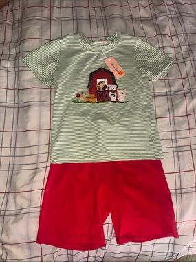 Children's Mint Green Striped Farm Appliqué Pajama Set with Red Shorts
